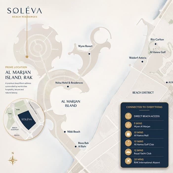 Soléva location map: the plot on Al Marjan Island beside Nobu Hotel & Residences, with Wynn Resort, Nikki Beach and Rixos Bab Al Bahr nearby