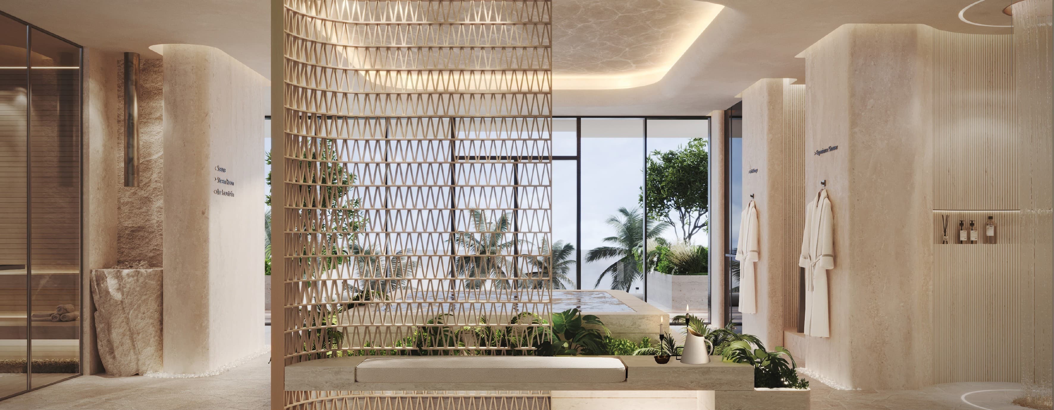 Wellness spa suite in travertine and warm timber with a relaxation area