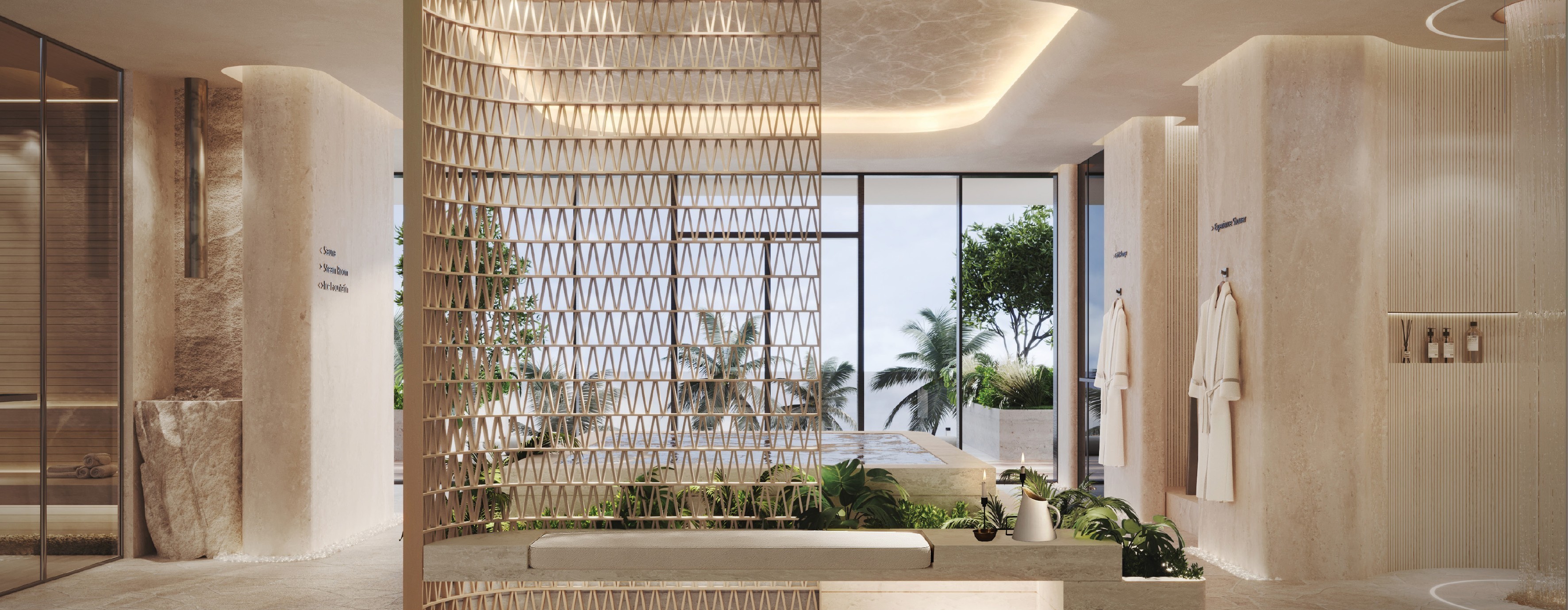 Wellness spa suite in travertine and warm timber with a relaxation area